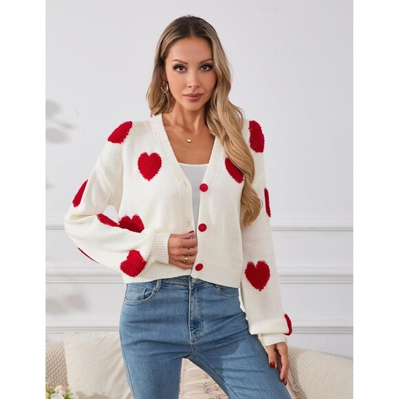 Women’s Cropped Heart Cardigan Lightweight V-Neck Button Spring Fall - Picture 2 of 7